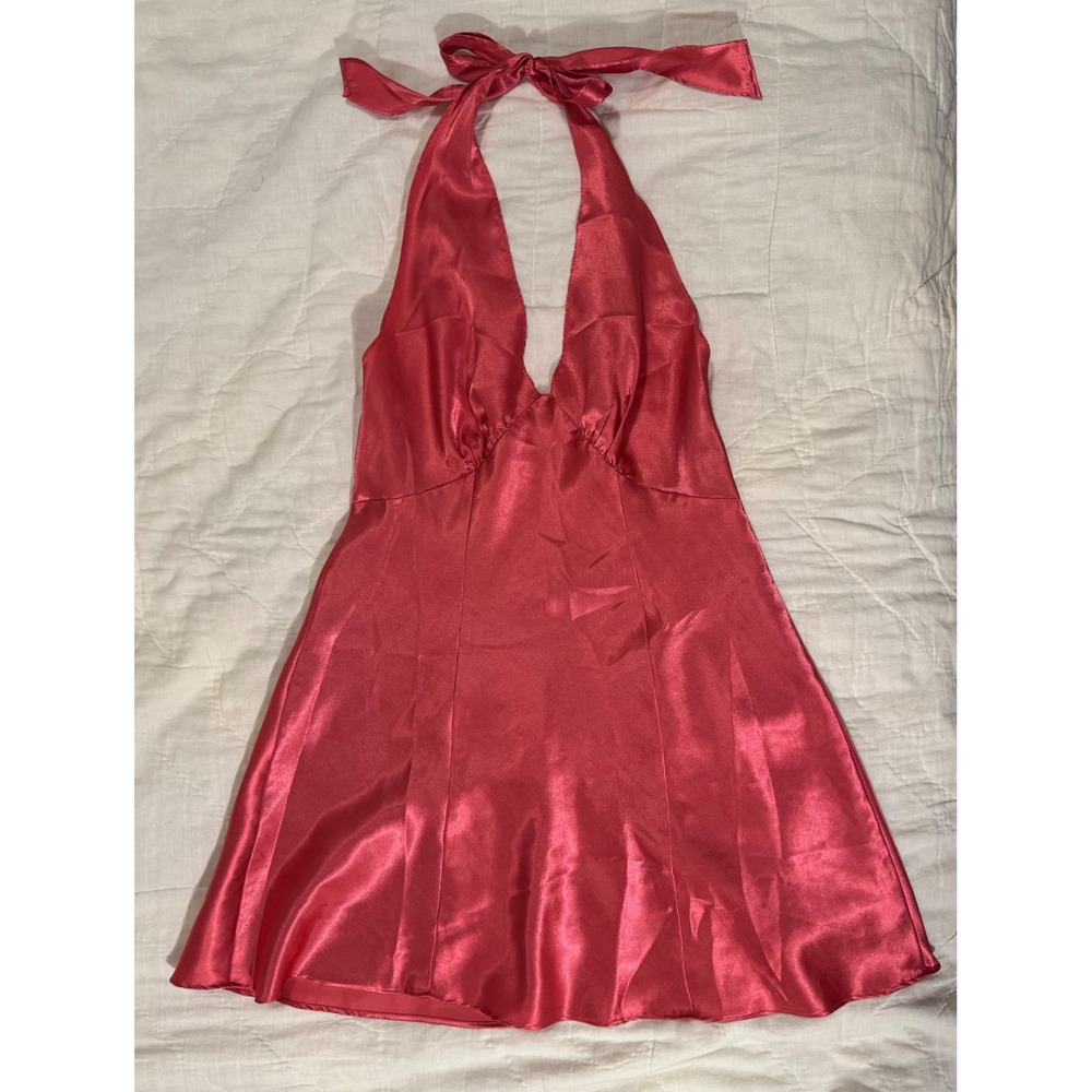 Fredericks of Hollywood Pink Satin Halter Mini Dress Deep V Neck Size M
